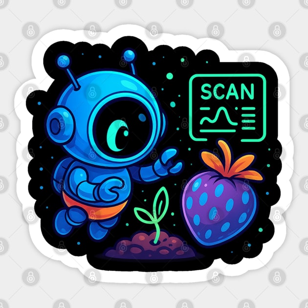 Cute Robot Scanning Sprout and Berry • Adorable Sci-Fi Nature Art Sticker by Anne Lee